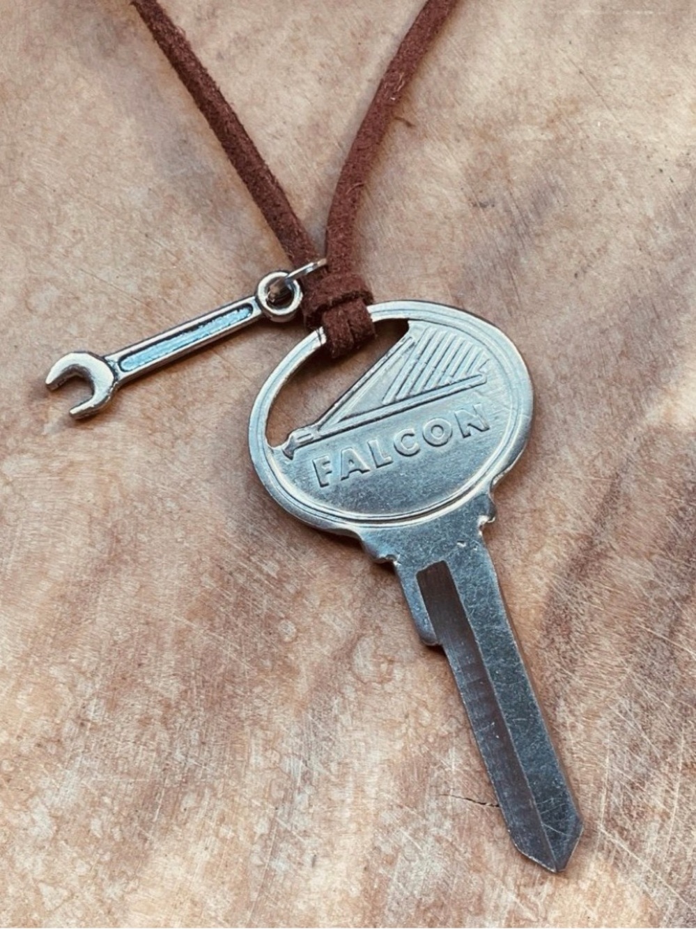 Vintage Ford Falcon Key Pendant Necklace with Brown Leather Cord